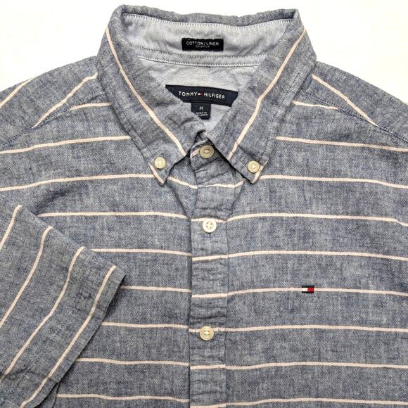 Tommy Hilfiger Mens Linen Short Sleeve Button Down - Medium Gray White Stripe - Picture 1 of 7
